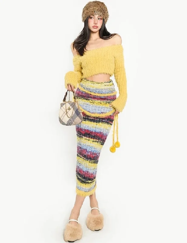 Sandra Solid Color Yellow Long Sleeve Off the Shoulder Slim Cropped Top Stripe High Waist Slim Long Skirt Matching Set denim skirt casual