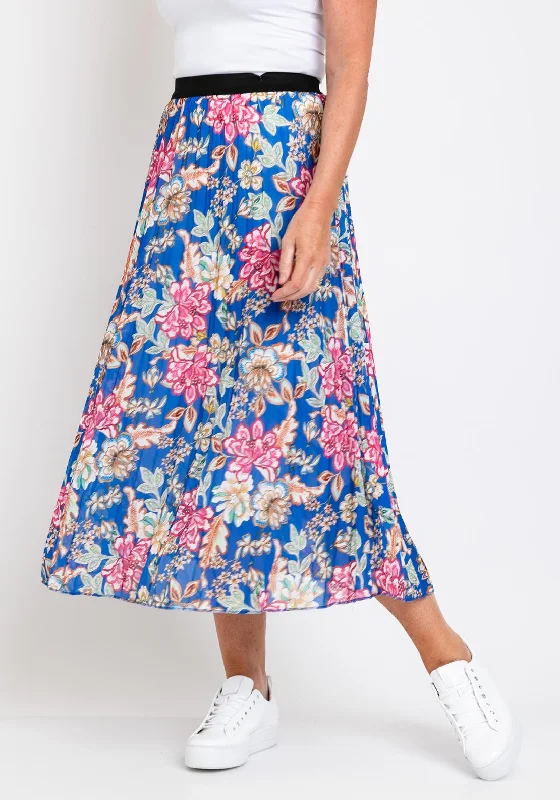 Serafina Collection One Size Pleated Midi Skirt, Blue & Pink relaxed fit skirt