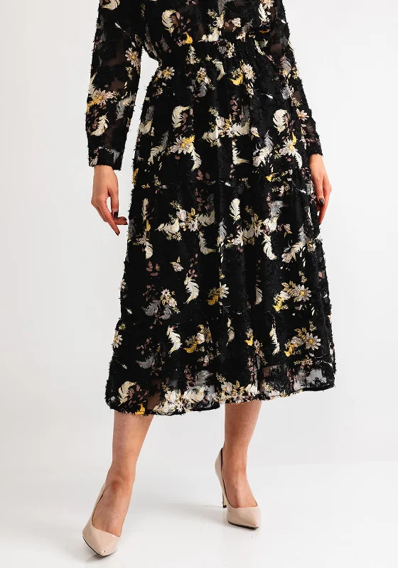 Serafina Collection Floral Embroidered Tiered Midi Skirt, Black patchwork skirt art