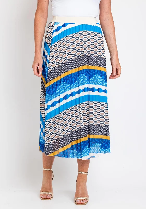 Serafina Collection One Size Pleated Midi Skirt, Blue Multi flowy skirt hem