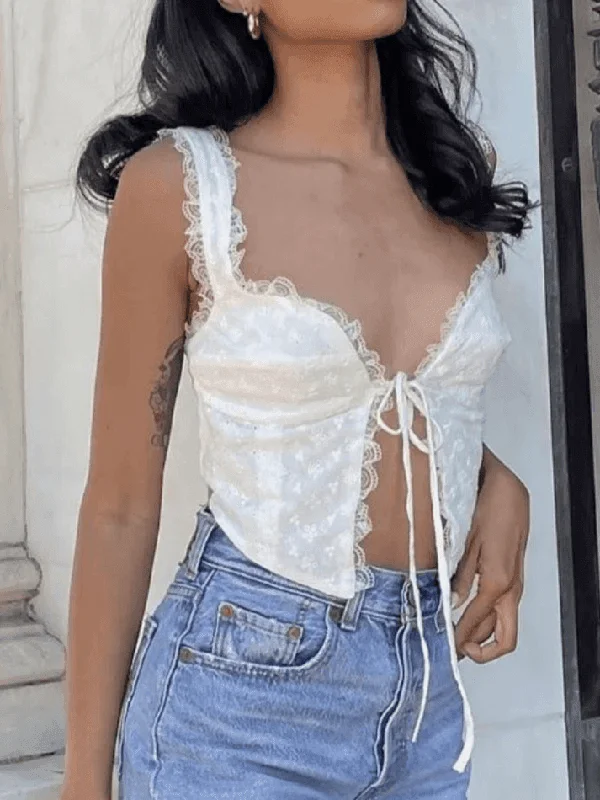 White Tie Front Lace Cropped Tank Top cozy tank top