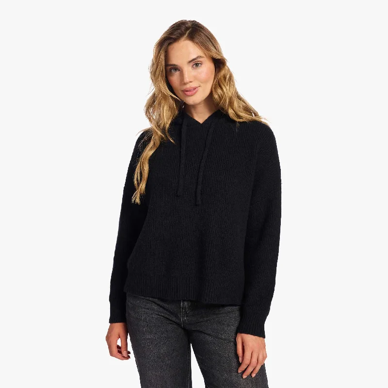 Cozy Knit Ribbed Sweater Hoodie | Black Hoodie with High Neck Warm Protective