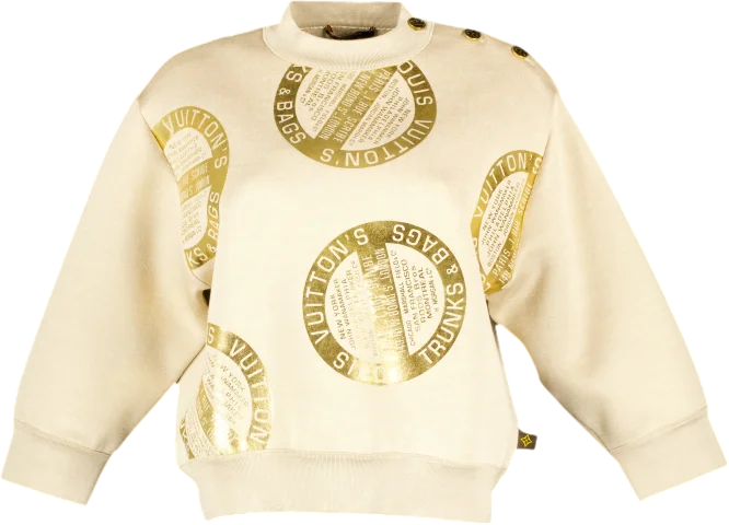 Louis Vuitton Beige / metallic "Trunks & Bags" Embossed Logo Sweatshirt UK XS Hoodie with Hem Fringe Bohemian Relaxed