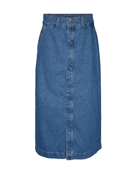 Vero Moda Julia High Rise Denim Midi Skirt, Medium Blue Denim flowy skirt hem