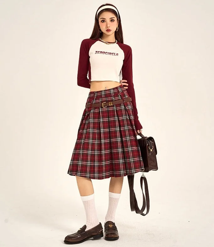 Vanessa Plaid Wine Red Belt Buckle Pleated Short Skirt leather skirt modern