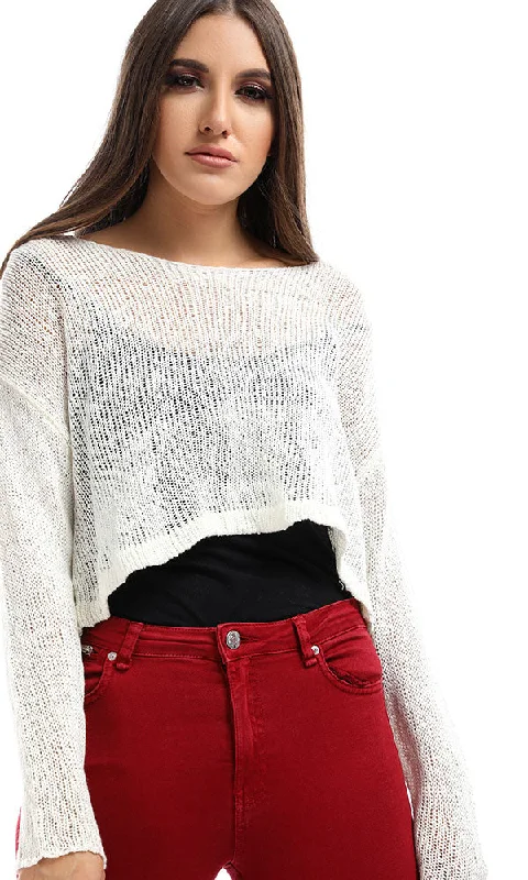 51390 Off White Cropped Knitted Pullover Deep Neck Pullover