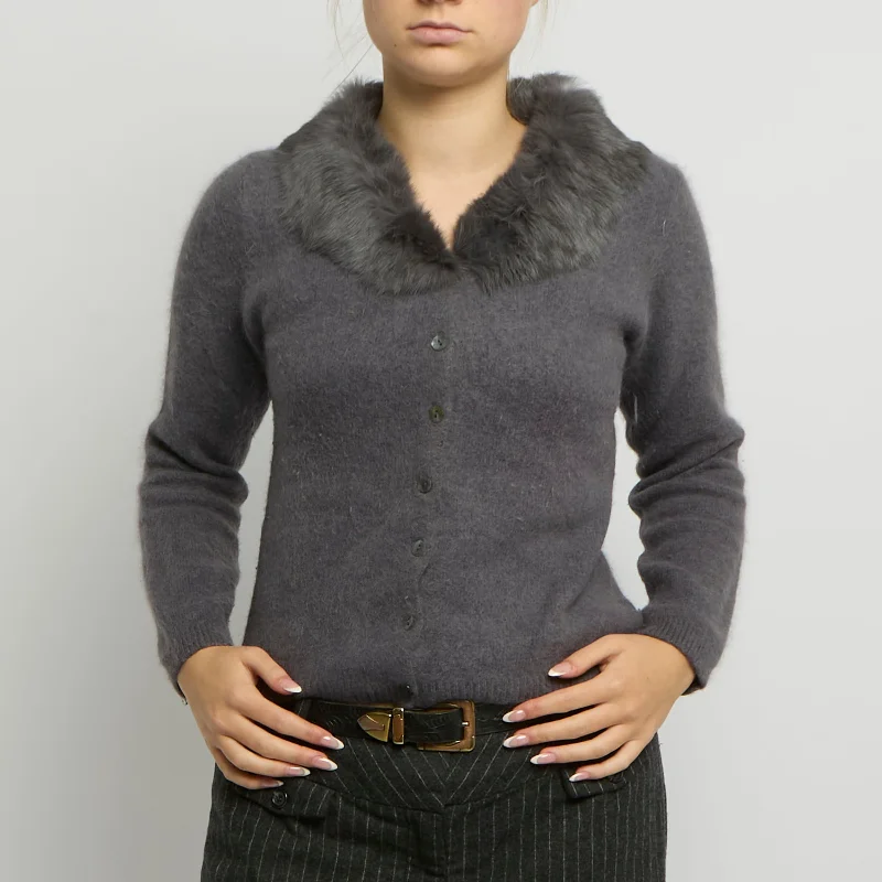 Soft Knit Fur Collar Cardigan - UK 10 Layered Multi-layer Single Layer