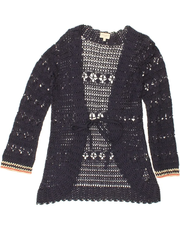 KAREN MILLEN Womens Crochet Cardigan Top UK 14 Large Navy Blue Cotton Cardigan Knitwear Sweater