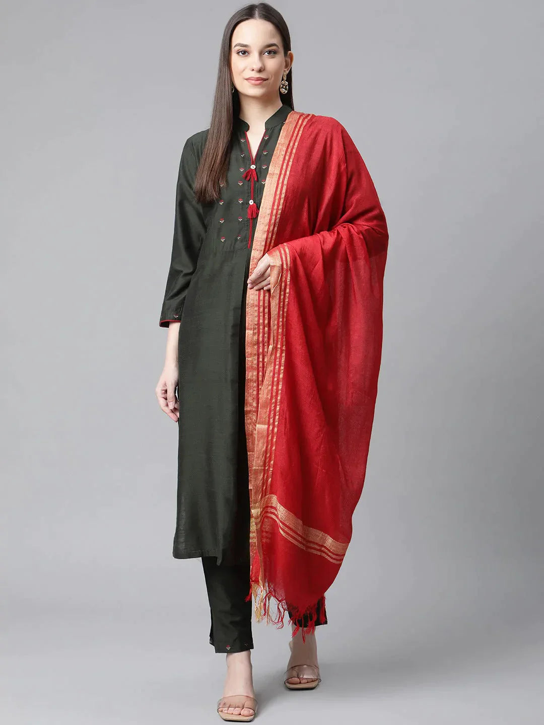 Women Green Regular Kurta With Trousers & With Dupatta - Rasiya Trousers New Arrival