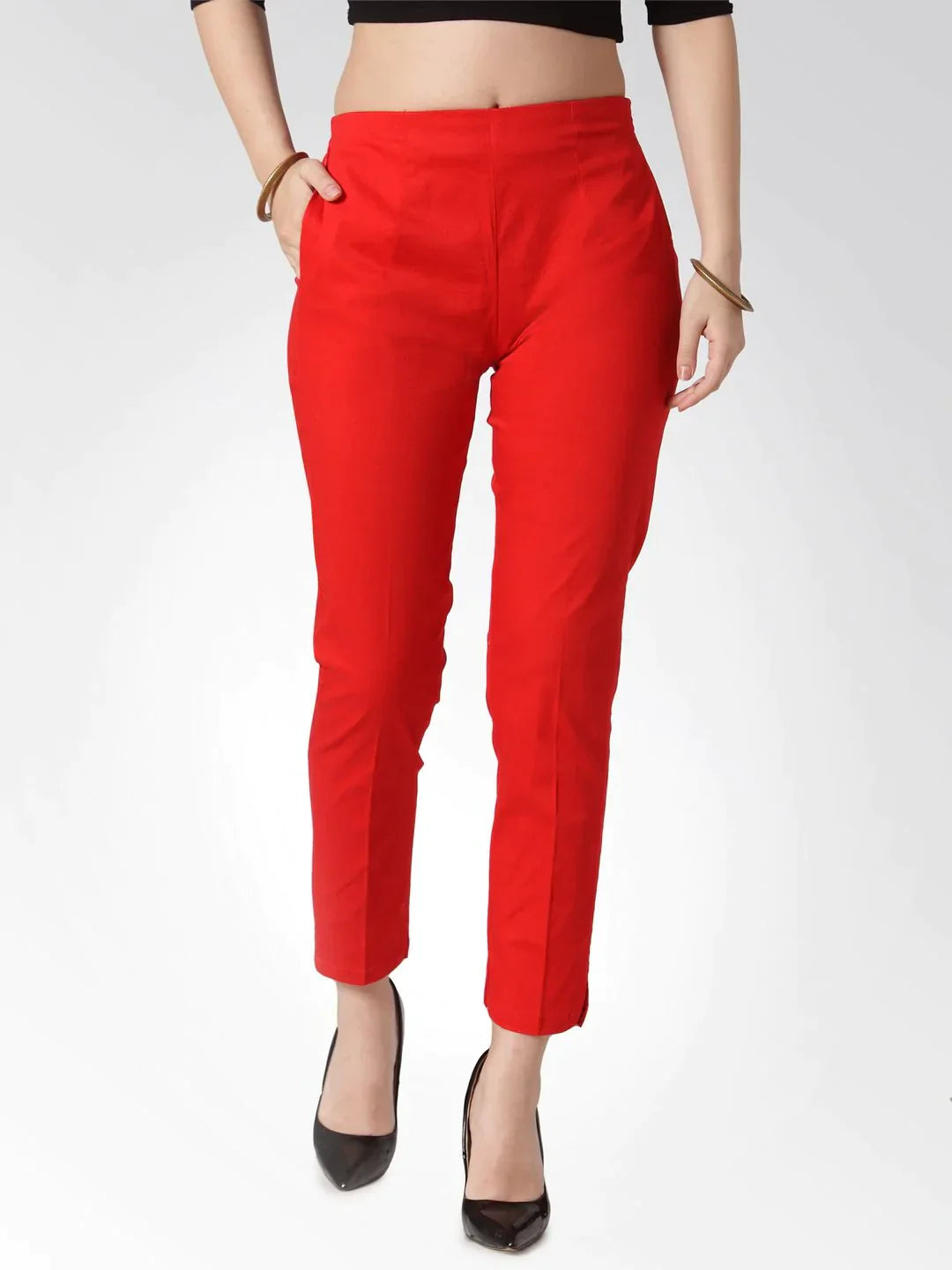 Women Red Smart Slim Fit Solid Regular Trousers - Rasiya Trousers High Rise Slim Fit