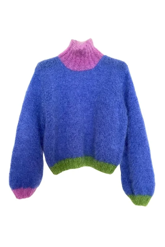 BLUE COLORBLOCK MOCK NECK MOHAIR SWEATER Collared Crew Neck Turtle Neck