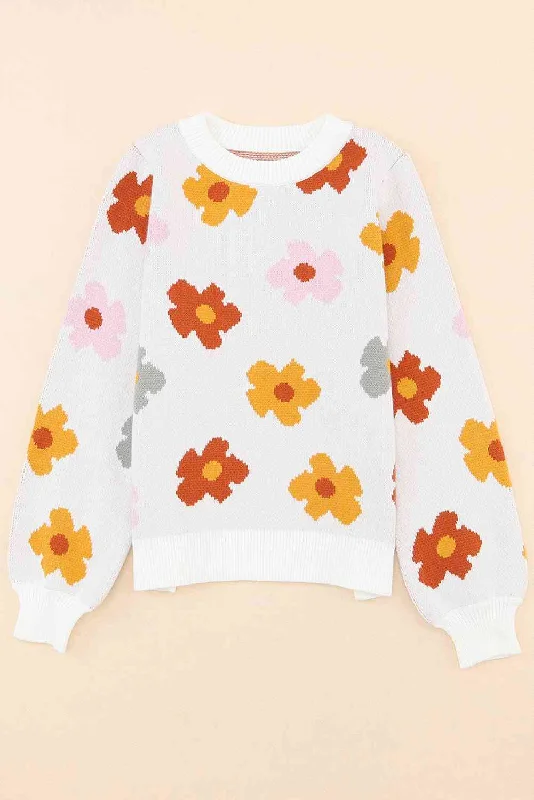 Floral Round Neck Sweater Stretchy Elastic Breathable