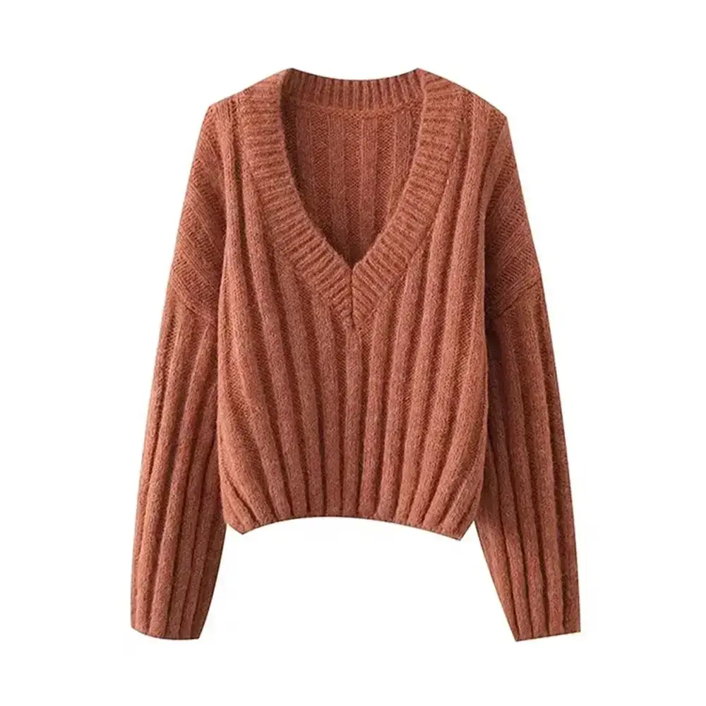 Women’s knitted pullover v-neck lantern long sleeve solid color loose Cashmere Luxurious Pullover