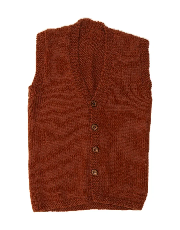 VINTAGE Womens Sleeveless Cardigan Sweater UK 14 Medium Brown Cotton Fabric Linen Fabric Terry Fabric