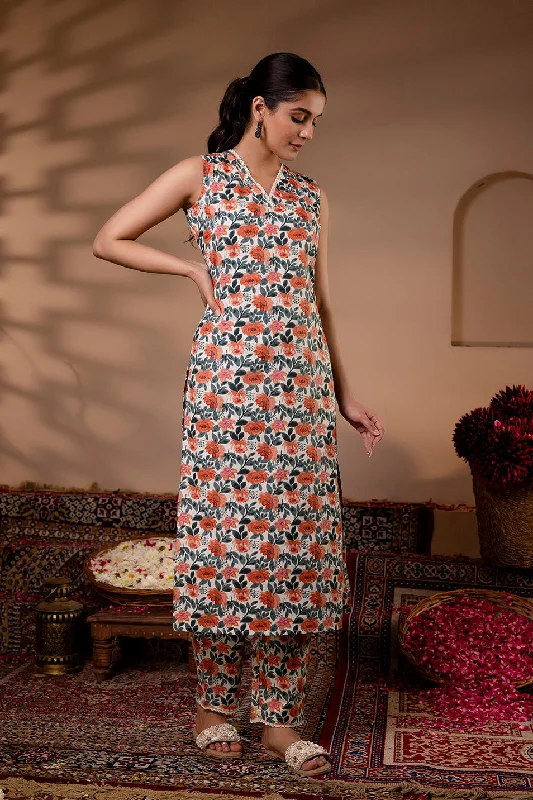 Women Off White Printed Straight Kurta With Trouser - Rasiya Trousers New Arrival