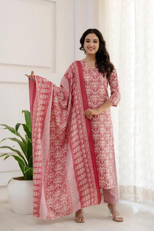 Women Pink Printed Straight Kurta And Trouser With Dupatta - Rasiya Trousers Corduroy Warm