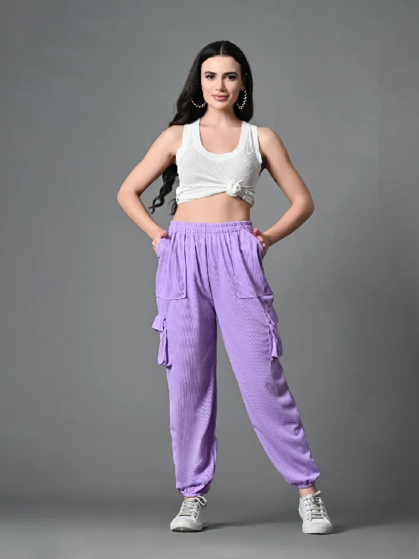 Myshka Women's Solid Ribbed High-Rise Cargo Style Casual Trousers in Lavender Color Trousers Modern Contemporary