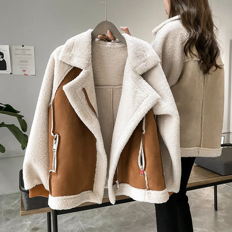 Suede Coat Women's Short Lambswool Motorcycle-Style Jacket A-Line Jacket Boat Neck Shawl Collar