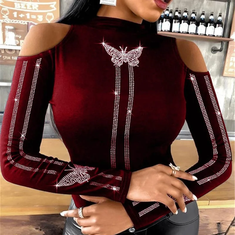 Women Elegant O Neck Diamonds Studded Blouse Sexy Ladies Solid Hollow Out Pullover Tops Spring Long Sleeve Slim Fit Shirt Blusas L S2432066 Notched Neck Pullover