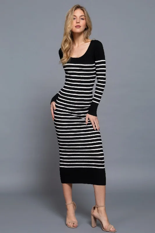 Long Slv Round Neck Stripe Sweater Long Dress Sequined Glittery Shiny