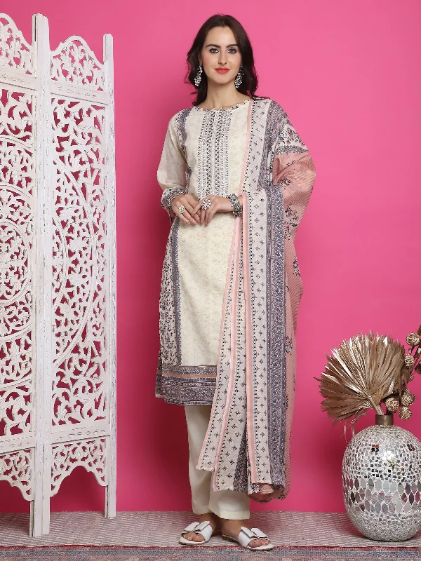 Jyoti Fashion Women's Cream Cotton Floral Digital Print with Resham Thread Work Kurta with Trouser & Dupatta Trousers Evening Elegant