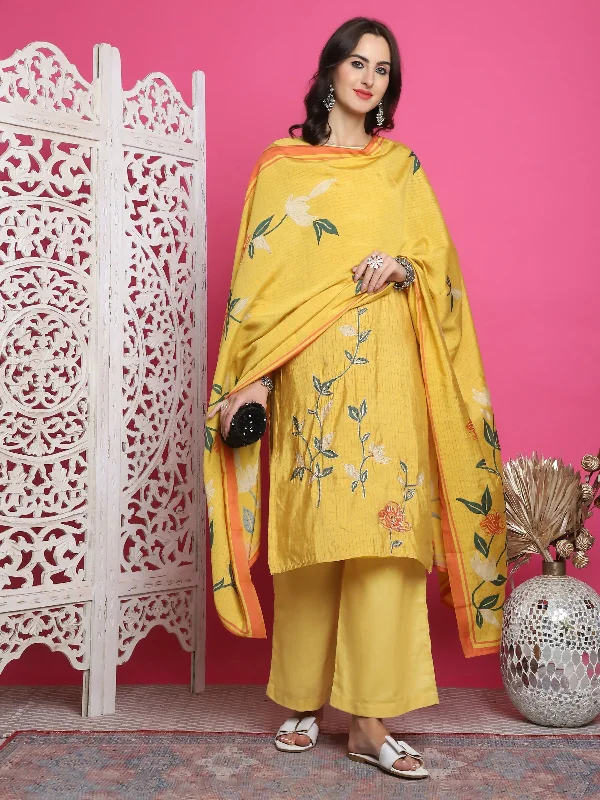 Jyoti Fashion Women's Yellow Muslin Floral Print with Jari & Crystal work Kurta with Trouser & Dupatta Trousers Formal Black