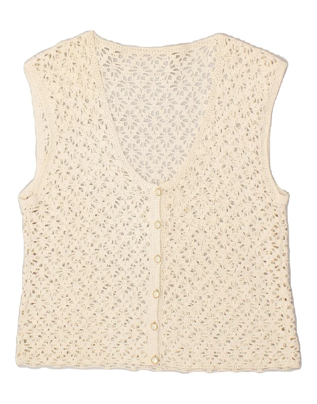 VINTAGE Womens Sleeveless Crochet Cardigan Top UK 14 Large Beige Boat Neck Shawl Collar Notched Collar