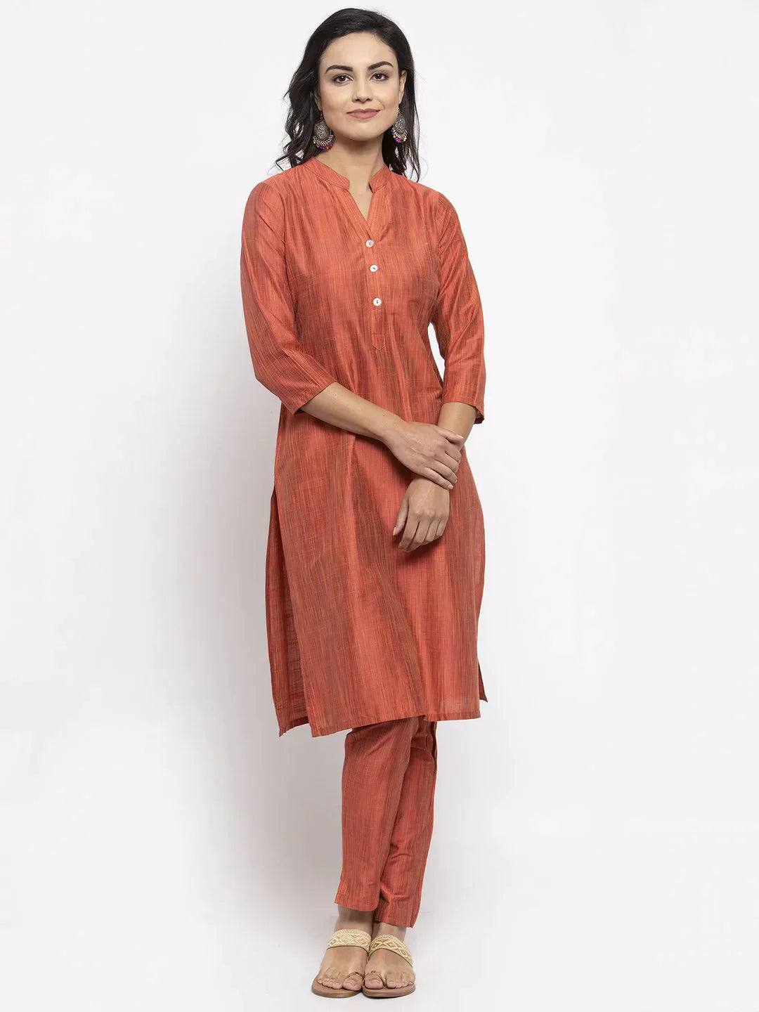 Women Orange Self-Striped Kurta With Trousers - Rasiya Trousers fashionable chic