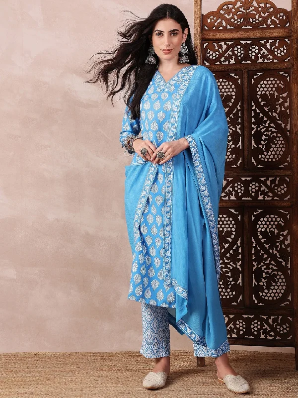 Women's Blue Rayon Blend Floral Printed Straight Kurta Trouser With Dupatta - Ahika Trousers Spring Floral