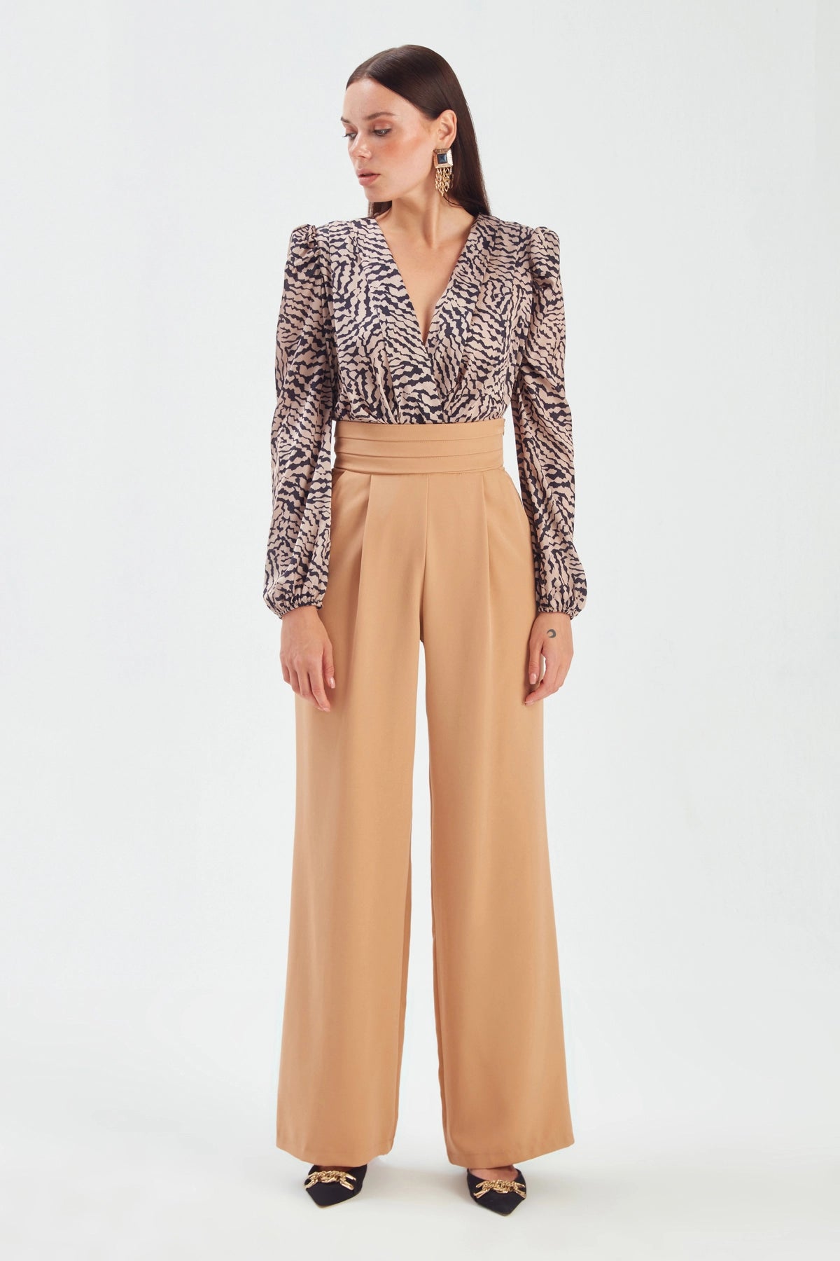 Waist Detailed Pocket Crepe Trousers - Camel Trousers Designer Luxury