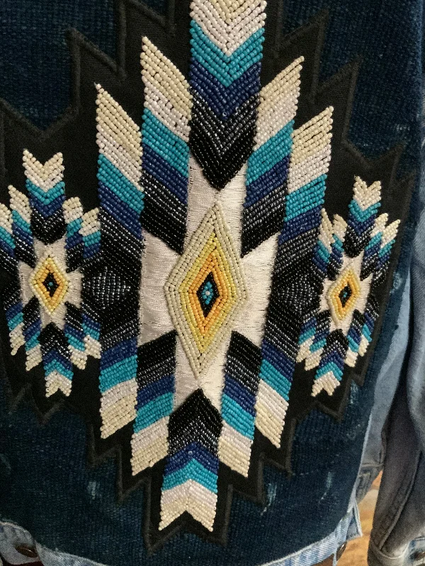 Distressed Denim Hand Beaded Navajo Design Jacket Chenille Jacket Brocade Jacket Lace Jacket