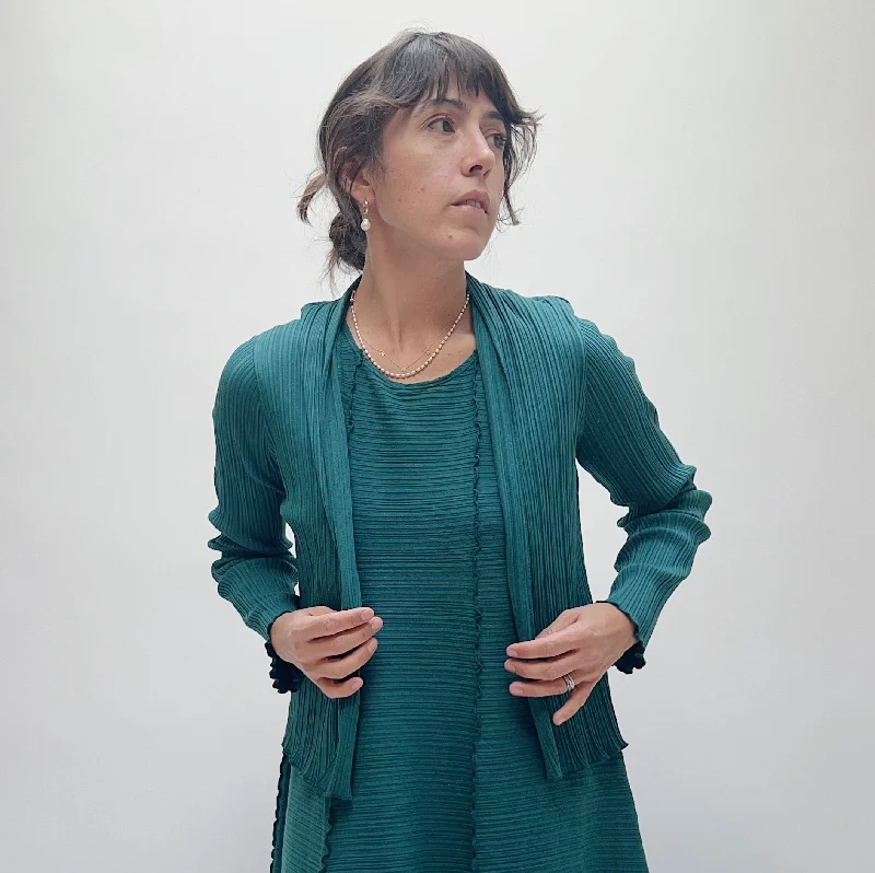 Fenini | Pleated Cardigan in Teal Cashmere Blend Cotton Blend Poly Blend