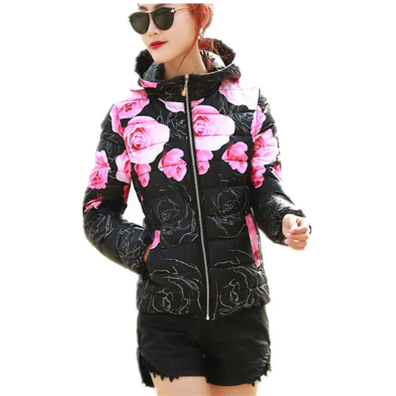 Fashion Women Winter Coat Long Sleeve Print Floral Hooded Slim Winter Parka Plus Size Cotton-Padded Jackets QH197 Satin Jacket Silk Jacket Chiffon Jacket