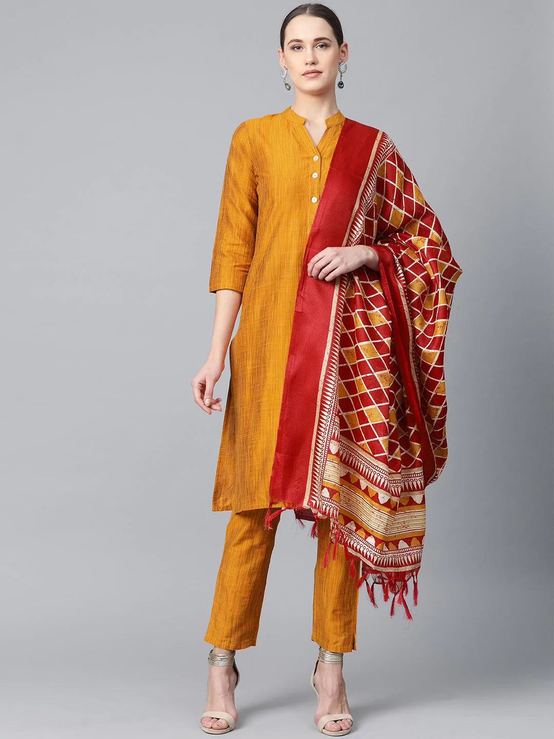 Women Mustard & Red Self-Striped Kurta With Trousers & Dupatta - Rasiya Trousers chic elegant