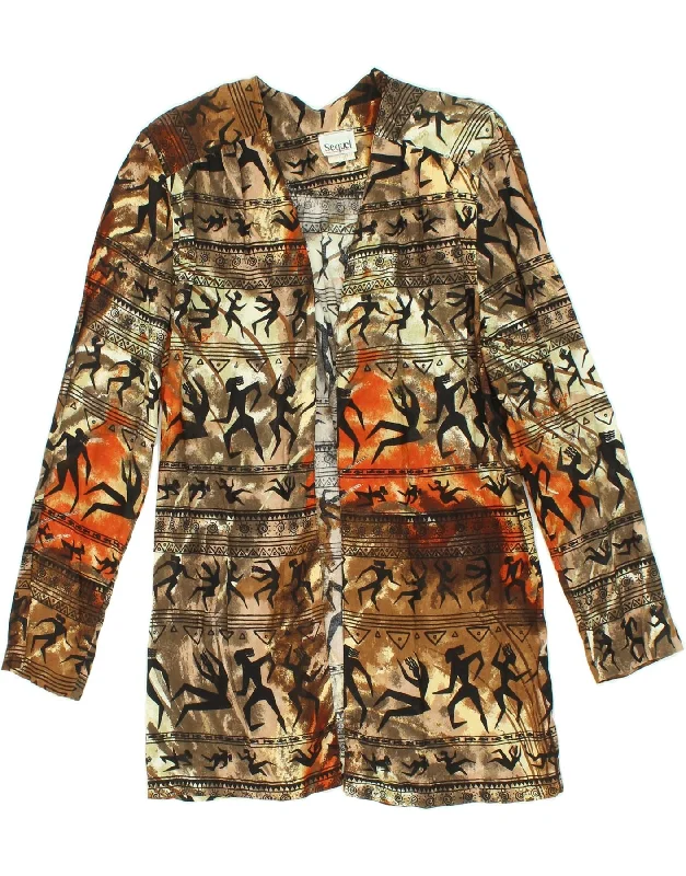 VINTAGE Womens Graphic Longline Cardigan Top UK 10 Small  Brown Rayon Neon metallic Matte