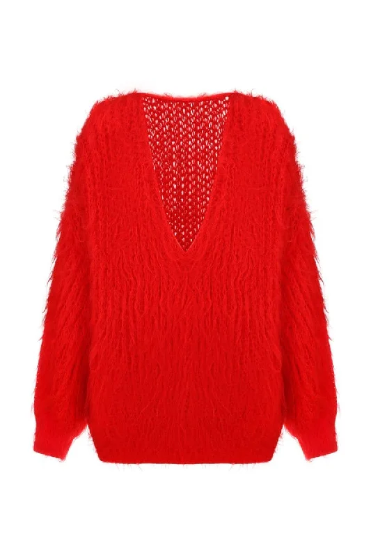 RED V-NECK KNITTED SWEATER DRESS Thin Thick Dense