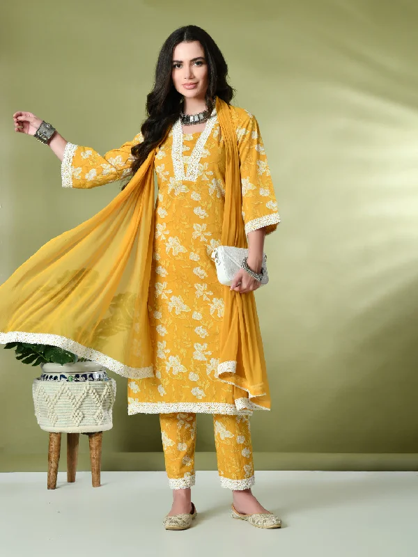 Myshka Women's Printed V-Neck Bell Sleeves Kurta & Trousers With Dupatta Sets in Yellow Color Trousers Occasion Special