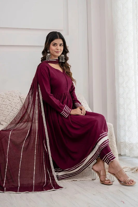 Women Burgundy Anarkali Kurta And Trouser With Dupatta - Rasiya Trousers Versatile Stylish