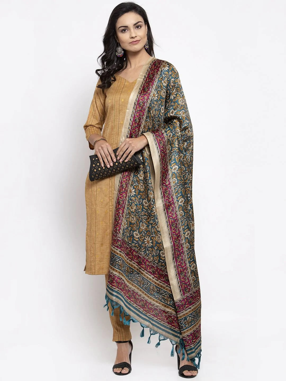 Women Beige & Black Striped Kurta With Trousers & Green Printed Dupatta Golden - Rasiya Trousers Tapered Slim Fit