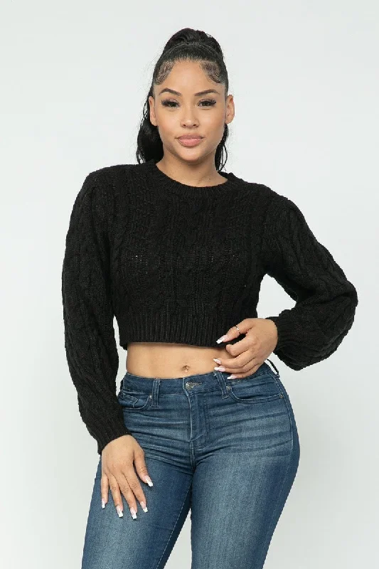 Cable Pullover Top Faux Fur Trim