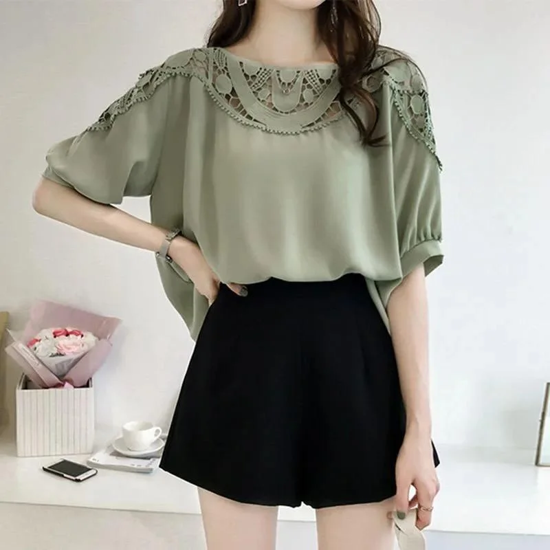 Fashion Spliced Ruffles Hollow Out Lantern Sleeve Blouse Women's Clothing Summer New Oversized Casual Pullovers Sweet Shirt S4603131 Open Neck Pullover