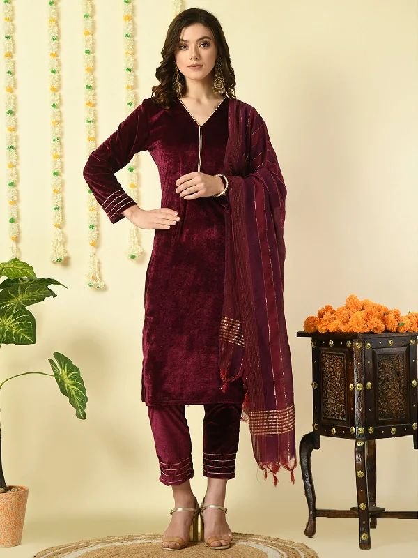 Women's Magenta  Velvet Kurta & Trousers With Dupatta Party Sets - Myshka Trousers Cargo pockets