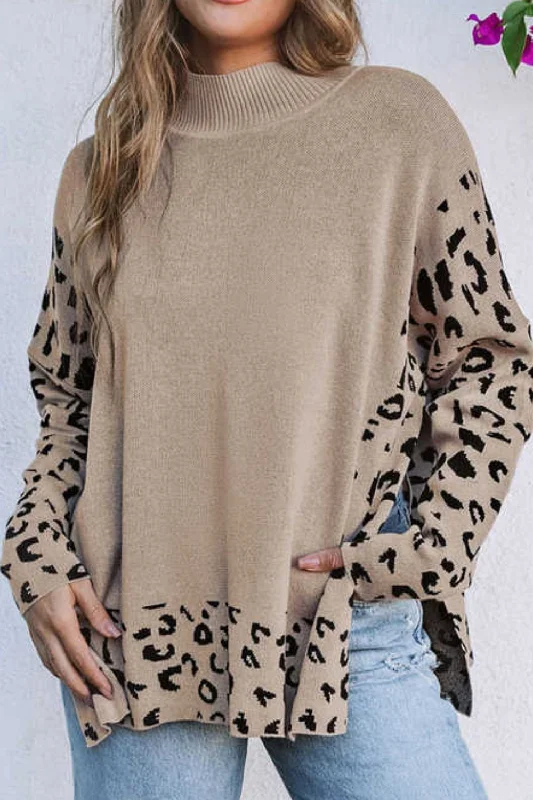 Hazel Blues® |  Slit Leopard Mock Neck Dropped Shoulder Sweater Long Sweater Short Sweater Cropped Sweater