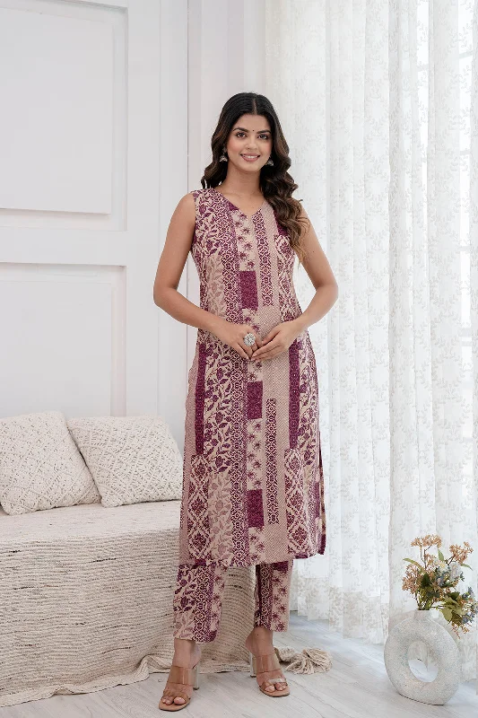 Women Purple Printed Kurta With Trouser - Rasiya Trousers Recommended Stylist