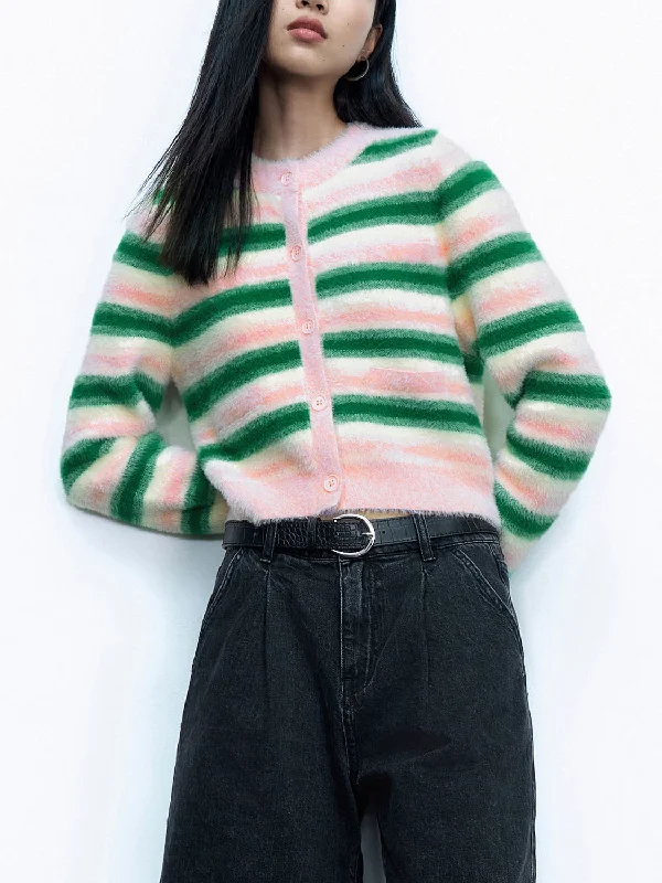 Striped Knitted Cardigans Notch Collar Peter Pan Collar Cowl Neck