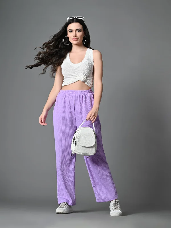 Myshka Women's Solid Ribbed High-Rise Wide Leg Casual Trousers in Lavender Color Trousers Spring Floral