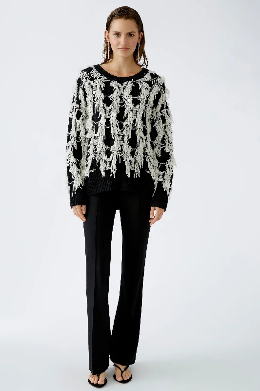 OUI Black & White Pullover With Fringes Blouson Sleeve Pullover