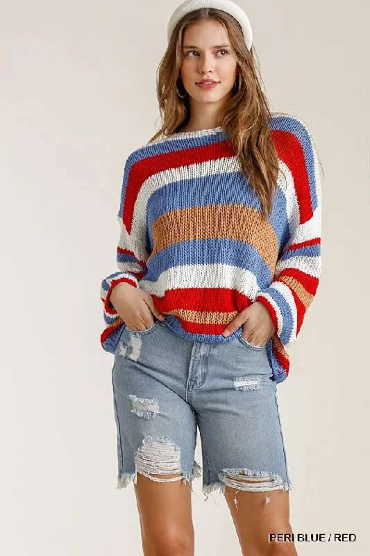 Multicolored Stripe Round Neck Long Sleeve Knit Sweater Terry Terry Cloth Terry Knit