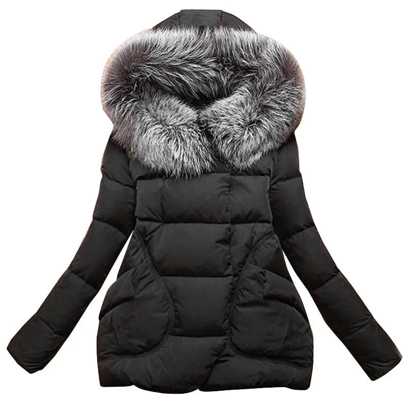 Winter Women Jackets Cotton Full Sleeve Covered button with pocketswomen Hat with Feathers Ultra Light Down Jacket A023 Stand-Up Collar Roll-Neck Collar Turtle Neck