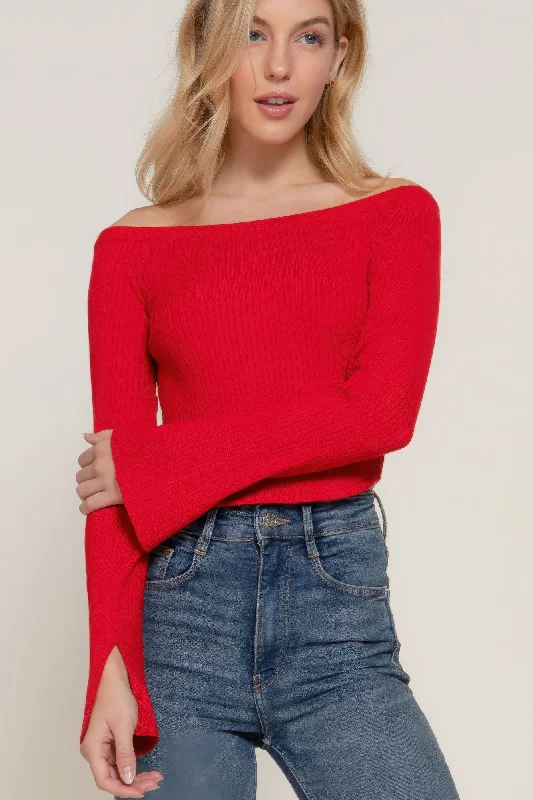 Long flare slv off shoulder sweater Striped Floral Plaid